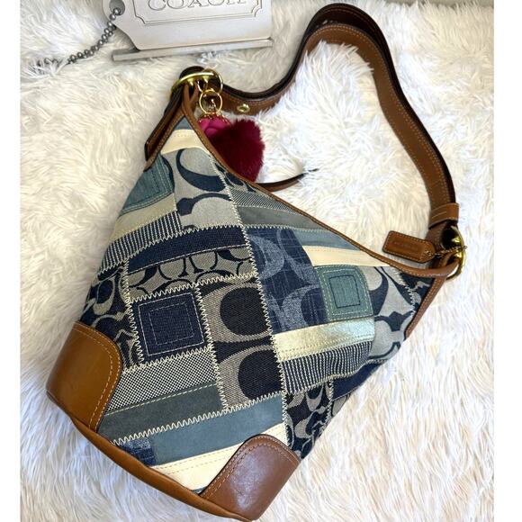 y2k Rare COACH Denim Leather Patchwork Shoulder Bag Crossbody - Picture 1 of 11
